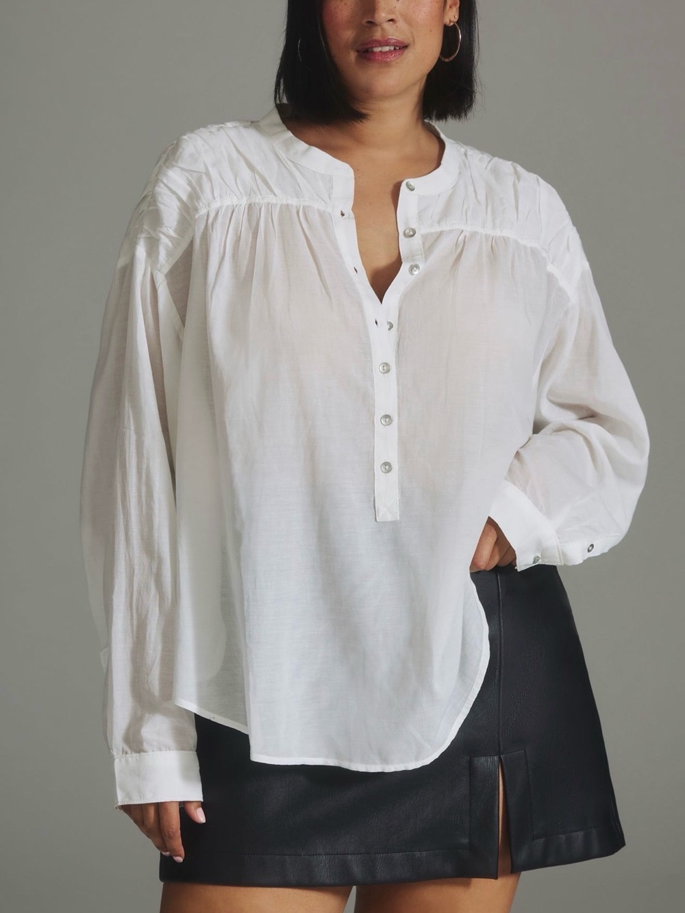 Anthropologie Pilcro Henley Blouse 1X White Cotton Blend Sheer Coastal Pleated